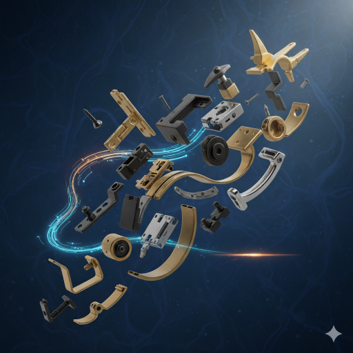 Various hinges, handles, and connectors for furniture design